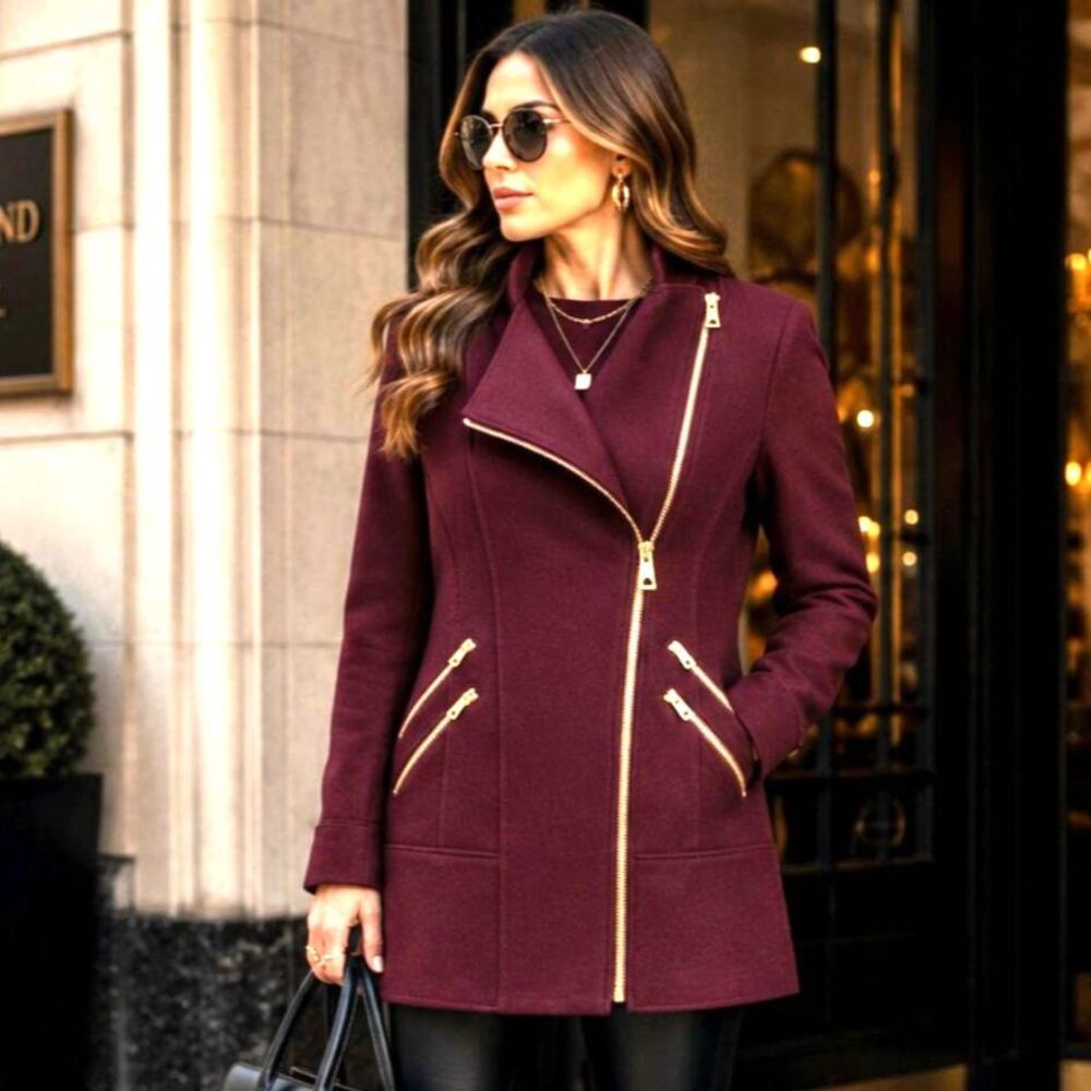 GUESS Wool Blend Moto Coat Womens L Burgundy Gold Zip Long Jacket